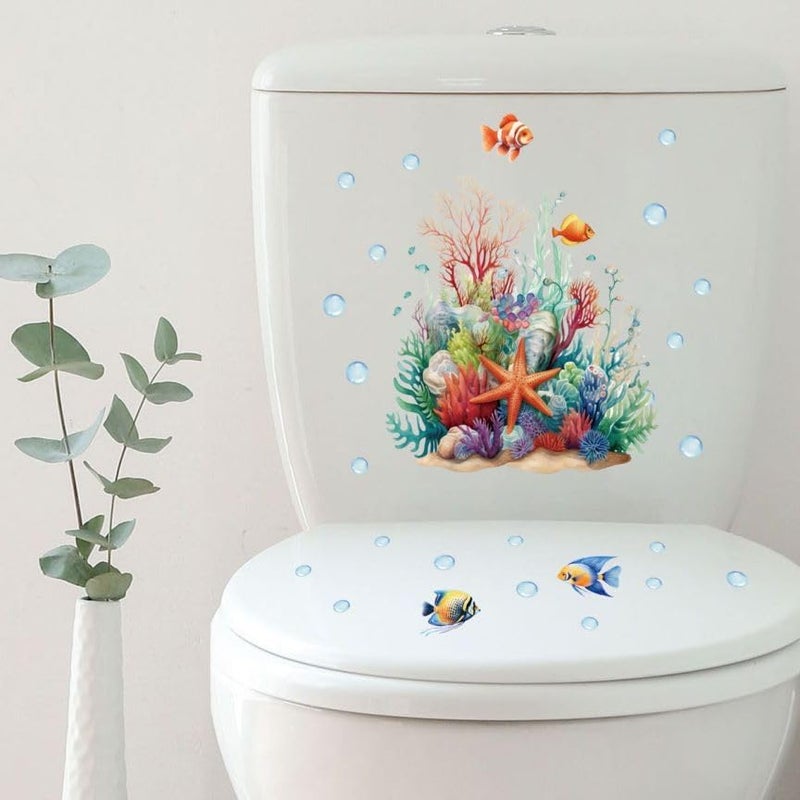 Ethanberg 2 Sheets Ocean Grass Fish Toilet Cover Stickers, Seagrass Coral Starfish Toilet Lid Decals, Bathroom Decorative Wall Stickers, Self-Adhesive Removable Waterproof WC Restroom Wall Art Mural - Image 4